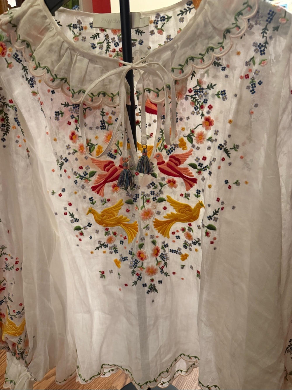 Zimmermann White Embroidered Peasant Blouse with Floral & Bird Motif W/tassels - Picture 2 of 10
